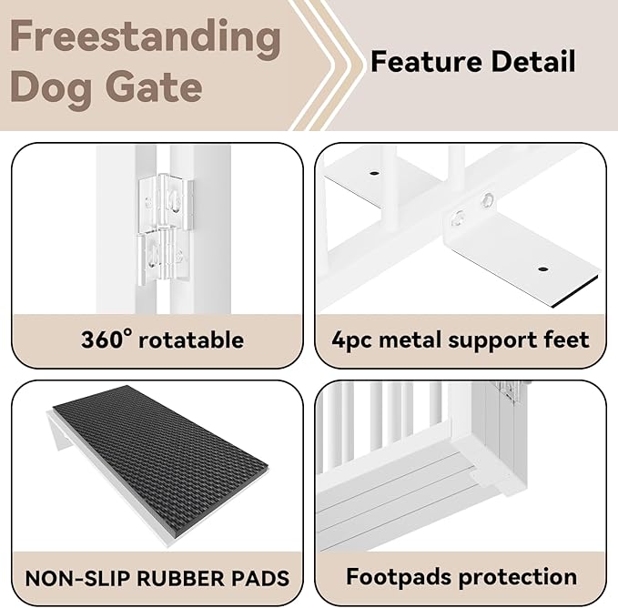 Full Metal Freestanding Dog Gate with Door, 36''Height Foldable Pet Dog Fence for Indoor & Outdoor, 2 Panels Extra Wide Free Standing TallDog Gates for Doorways,House,Stairs,Porch,Deck,Yard
