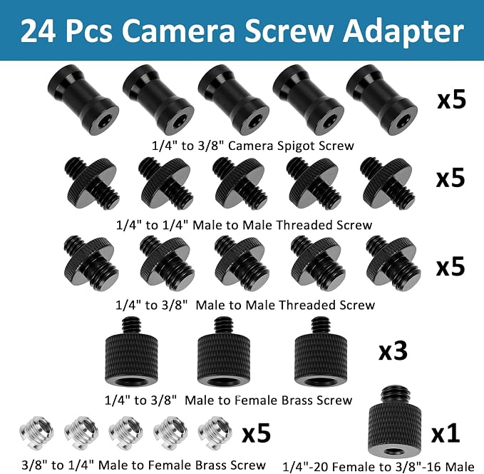 24 Pcs Camera Tripod Adapter, 1/4 to 3/8 Threaded Converter Camera Screw Mount