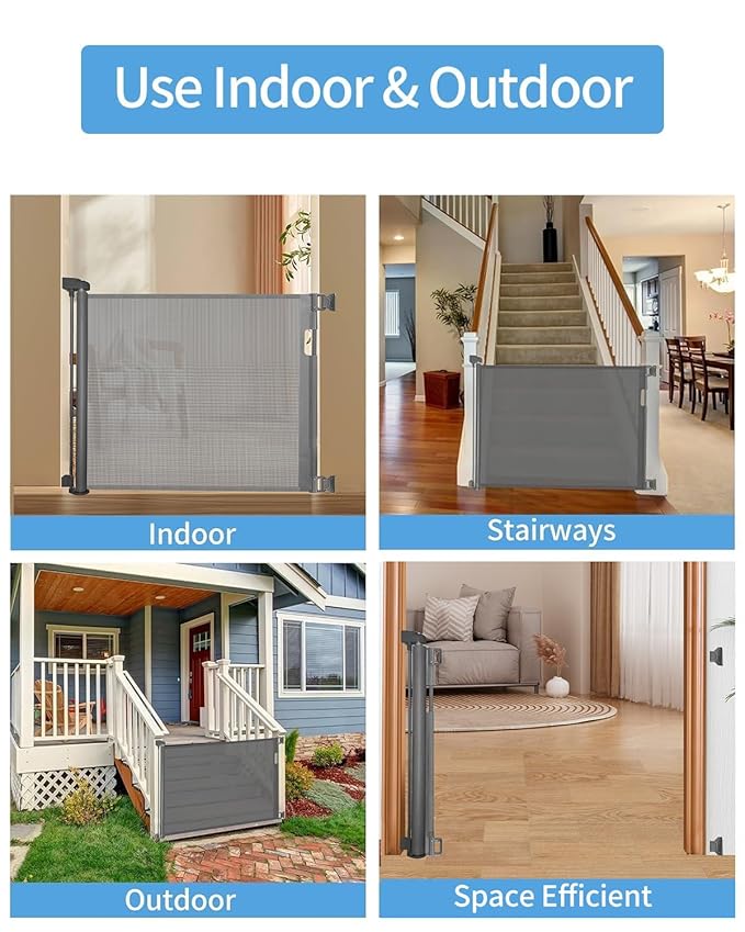 Retractable Baby Gate for Doorways and Stairs, Mesh Safety Gate for Pet, Indoor & Outdoor Use, One-Hand Operation, Easy Installation, 33.6" Tall, Expands to 55" Wide(Grey,33.6"x55"