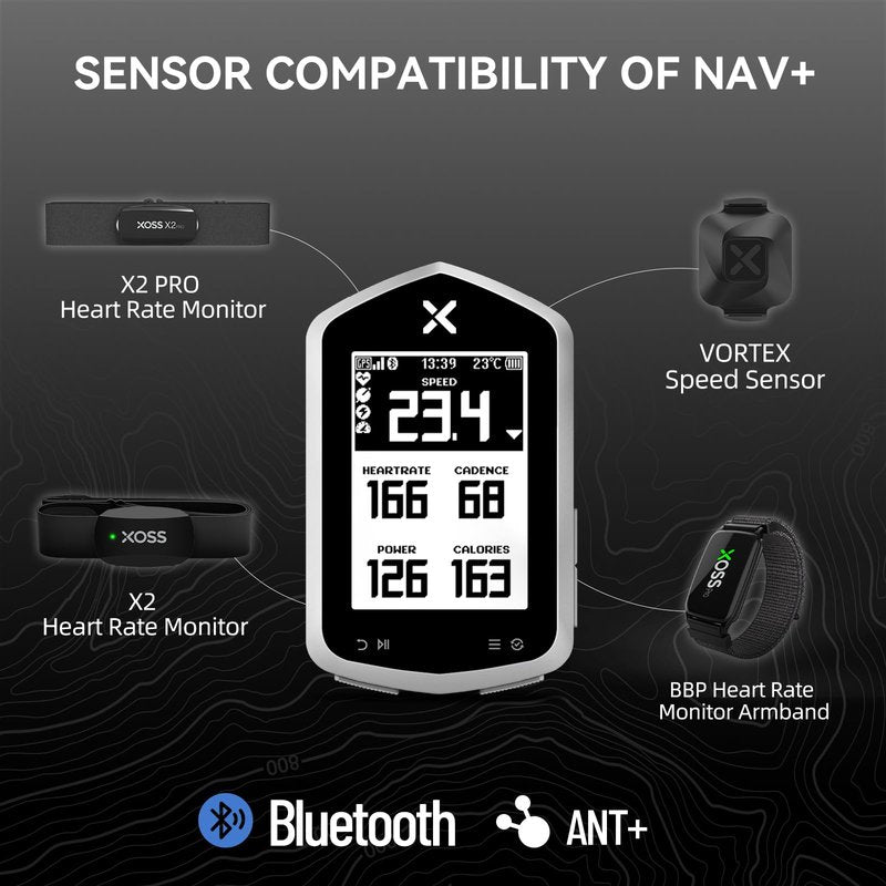 XOSS NAV Plus GPS Bike Computer with Bluetooth, 2.4"" Ant+ Bike Computer Wireless with 33hs Long Battery Life, IPX7 Waterproof Map Navigation Bike Computer with Auto Backlight & Rear 3D Video, Black
