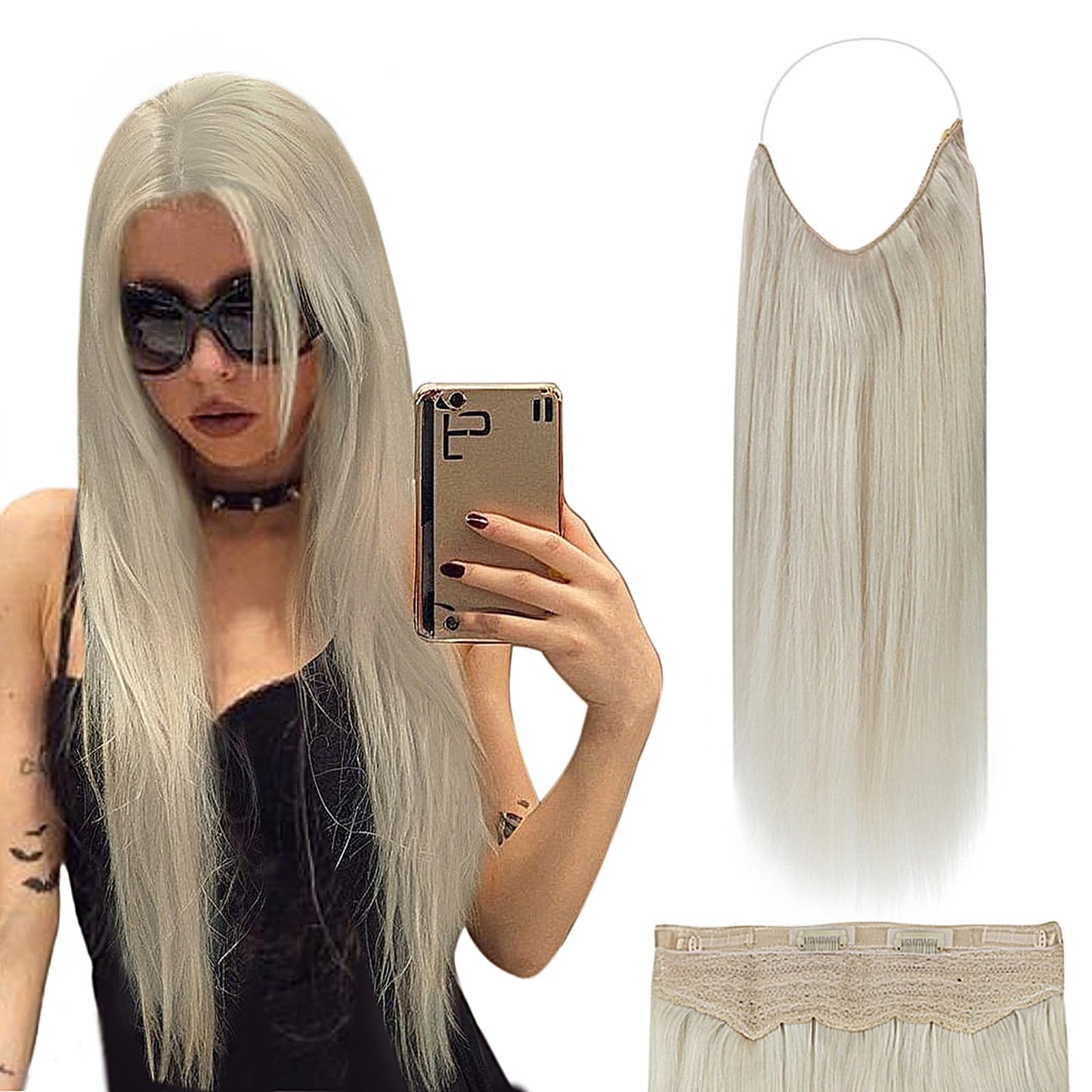 Fshine Invisible Wire Hair Extensions Real Human Hair Off White One Piece Clip In Hair Extensions With Transparent Fish Line Str