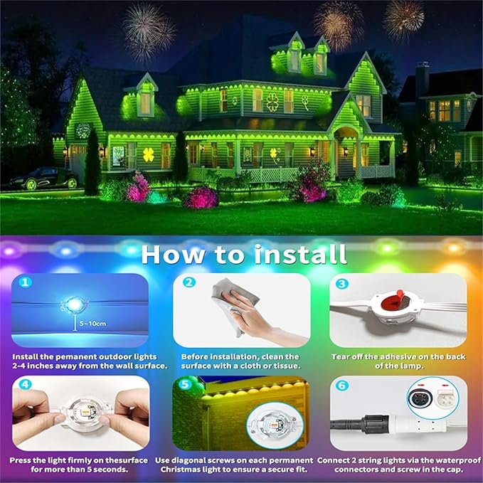 300FT Permanent Outdoor RGB Lights,IP67 Waterproof Smart LED Eaves Lights with App/Remote Control,for Christmas and All Holiday Decor,Daily and Accent Lighting,House Roof and Garden Lighting