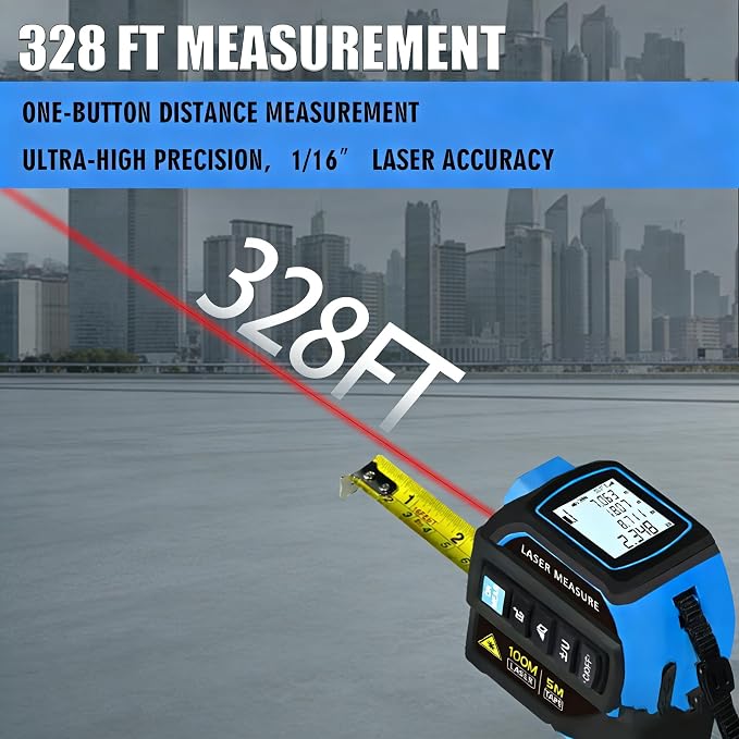 4-in-1 Laser Tape Measure 328FT, Digital Laser Distance Meter, 16FT Steel Tape