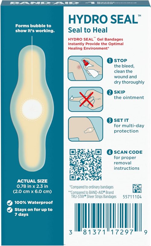 BAND-AID Brand Hydro Seal Waterproof Bandages - Hydrocolloid Gel Patches for Faster Healing | 10 Count