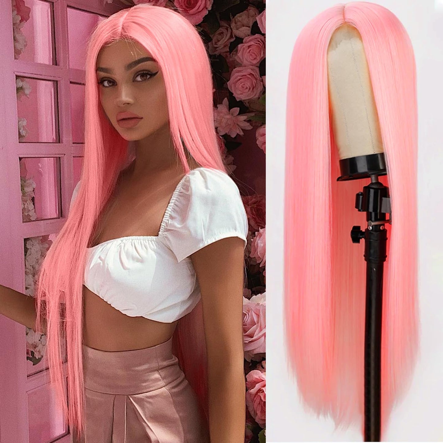Xinran Pink Long Straight Wig Light Pink Middle Part Synthetic Hair Wig Natural Hairline Replacement Daily Use Cosplay (Pink)