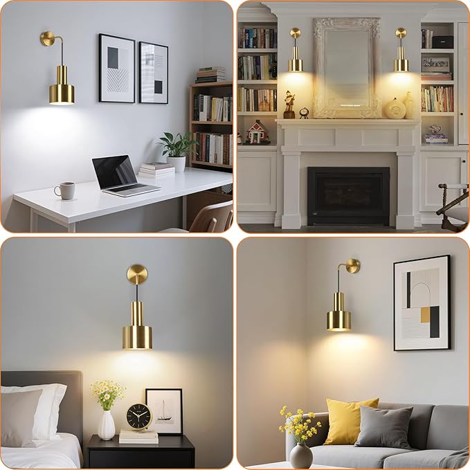 VerRon Rechargeable Battery Operated Wall Sconce Set of Two, Gold Wireless Battery Powered Lights with Dimmable Detachable Bulbs & Remote, Modern Sconces Wall Decor for Bedroom Living Room Hallway
