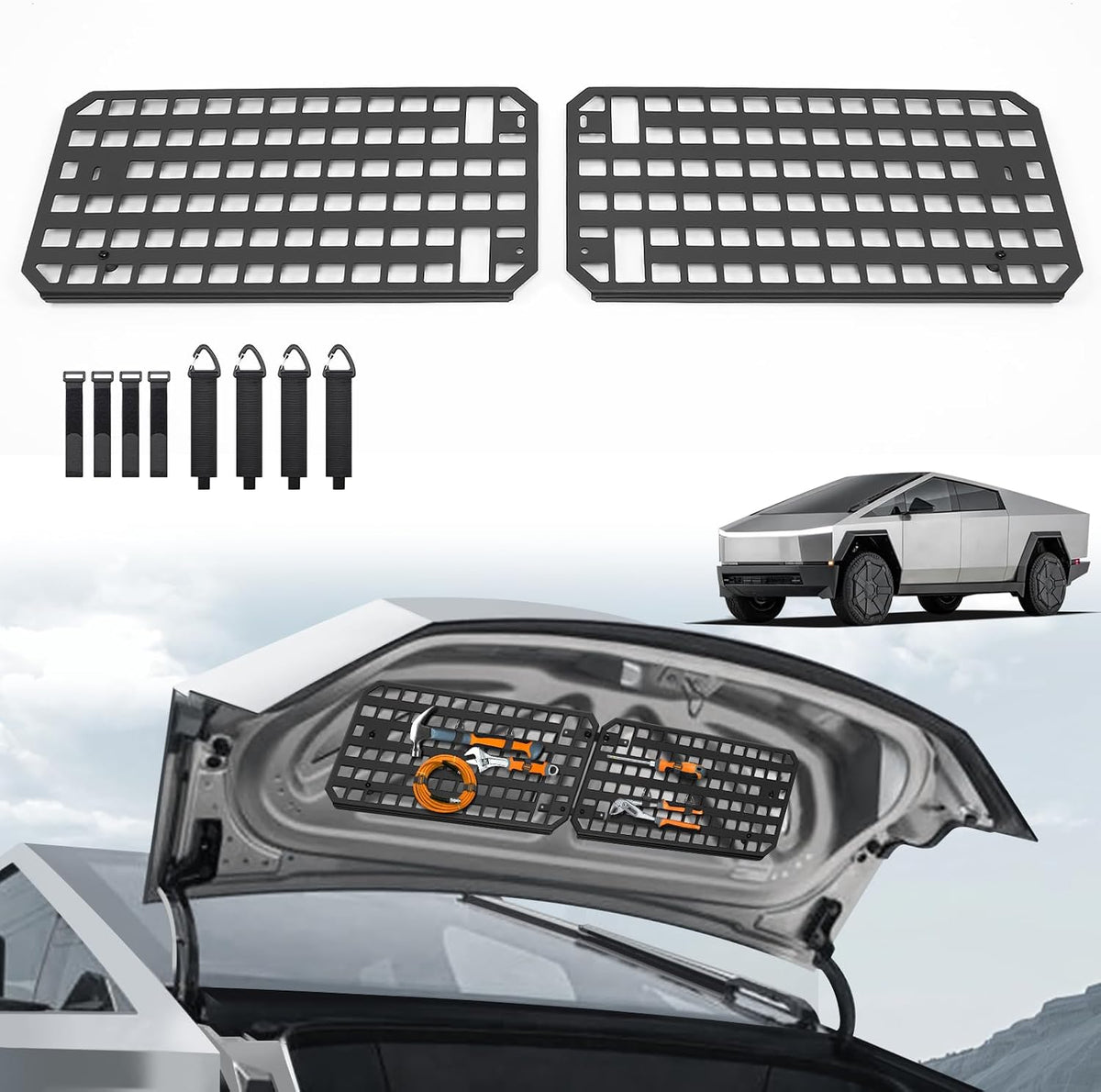 2 PCS 42 Inch Molle Side Panels Compatible with Tesla Cybertruck 2024 2025 2026 Aluminum Alloy Material Cybertruck Molle Panels with 8 Straps to Mount Things for Cybertruck accessories Easy to Install