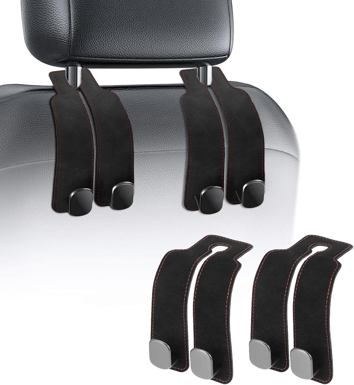 TwinHook Leather Car Headrest Hangers, Car Headrest Hooks for Purse and Bags, 2-in-1 Leather Car Seat Back Storage Hook, Anti-Slip Purse Holder for Car, Supports Up to 50 lbs (Gray-2 Pack)