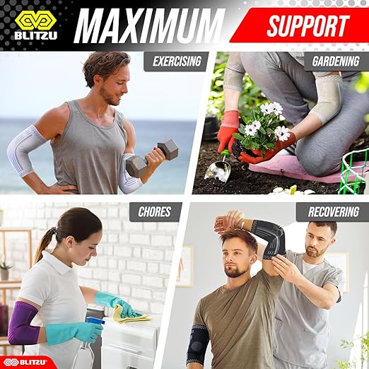 BLITZU Elbow Compression Sleeve for Tendonitis 2 Pack, Tennis Elbow Brace Support for Men and Women Golfers Elbow Pain Relief, Arthritis, Bursitis, Arm Brace for Workout, Weightlifting Black XL
