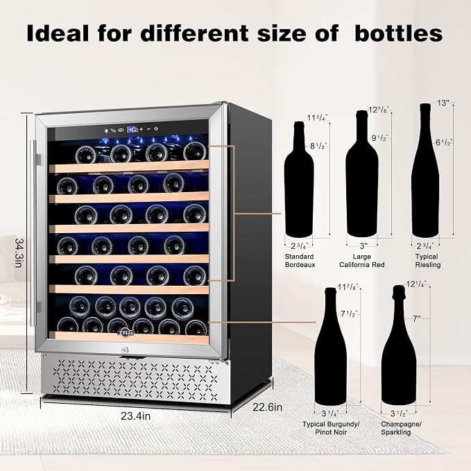 24 Inch Wine Fridge, 54 Bottles Wine Refrigerator, Under Counter or Freestanding, 40-65°F, Lock, Double Layer Tempered Glass Door, Wine Cooler Refrigerator with Adjustable Wooden Shelves