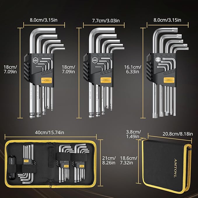 AMTOVL 27PCS Allen Key Set - Metric & SAE Wrench Set, Extra Long Ball & Star End Hex Keys with T-Handle & Color Coding for Bicycle, Household DIY (Sliver-27PCS Allen wrenches sets)