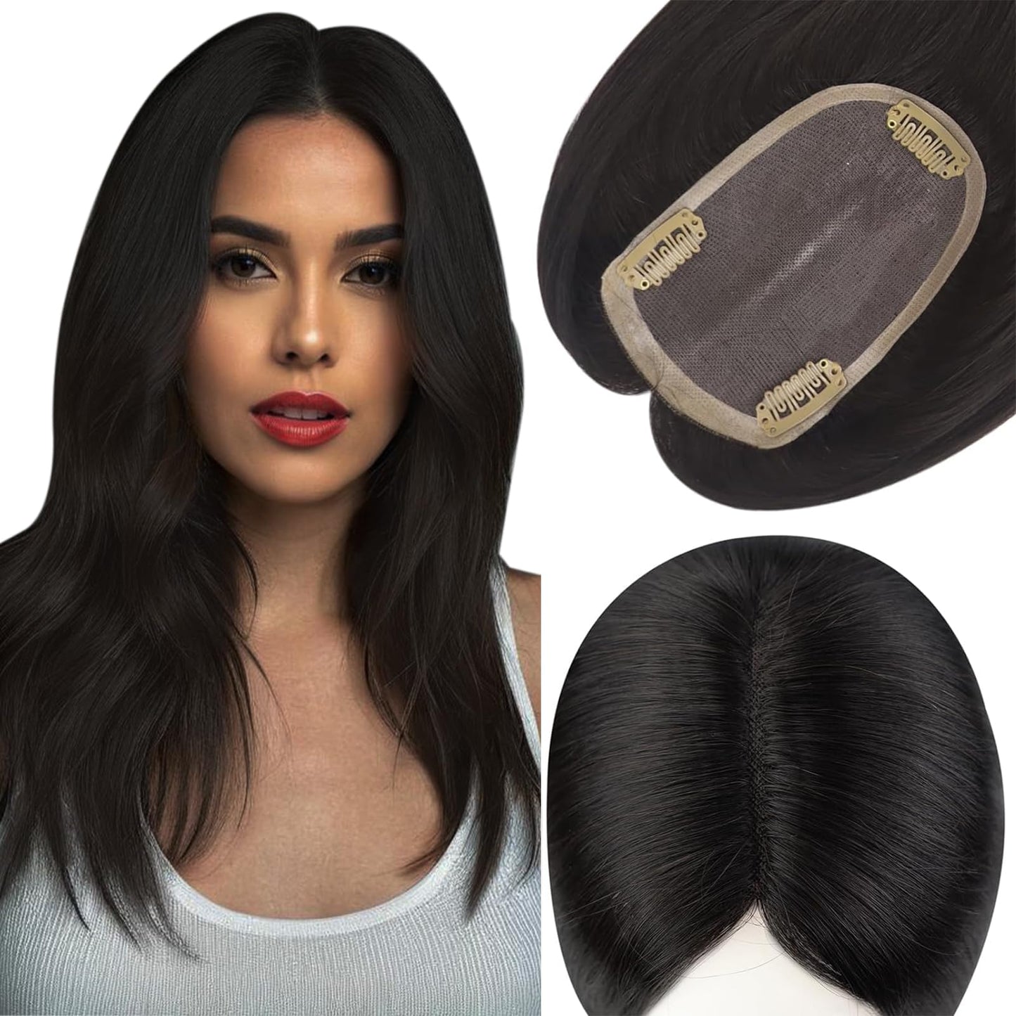 Full Shine Human Hair Topper Hairpiece Extension Silk Base Toupee 3 * 5Inch Hair Topper Color 1B Black Clip In Topper Human Hair