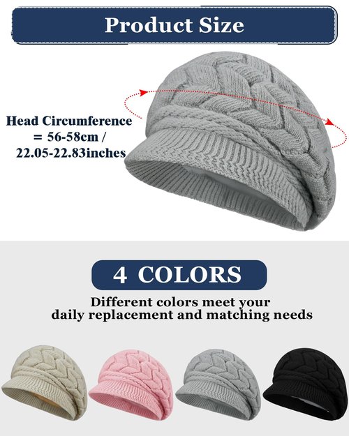 Newcotte Winter Hat for Women Knitted Caps with Visor 2026 Warm Hats for Women Beanies for Winter Cold Weather(Pink, Black, Gray, Light Khaki,4 Pcs)