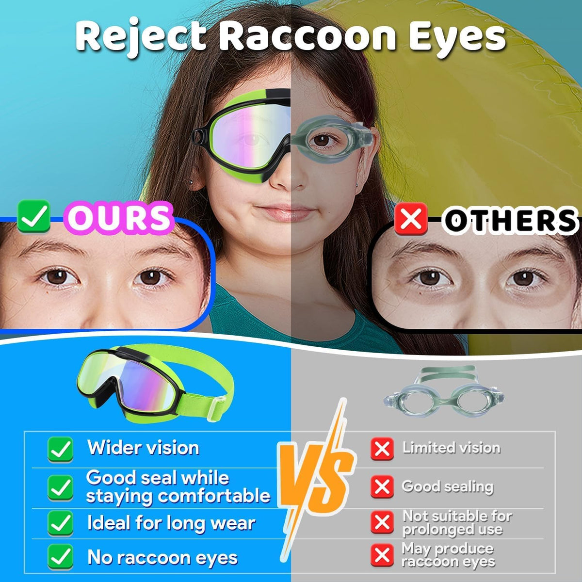 Vvinca Kids Swim Goggles - Anti-Fog, UV Protection, No Leak Design | Comfortable Fabric Strap for Ages 3-14