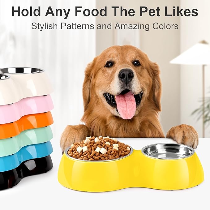 Elevated Dog Bowls Set - Non-Slip Raised Pet Feeder with Medium (2 Cups) & Large (4 Cups) Stainless Steel Bowls - Includes Durable Resin Stand for Puppies, Adult Dogs & Cats - Yellow
