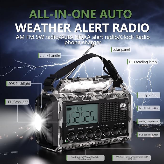 Emergency Radio 12000mAh AUTO NOAA Weather Radio, Solar Hand Crank Portable