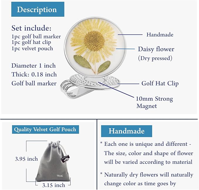 Golf Ball Marker hat Clip with Ball Marker, Handmade Pressed Flower Golf Marker, Golf Gifts, Golf Accessories for Women
