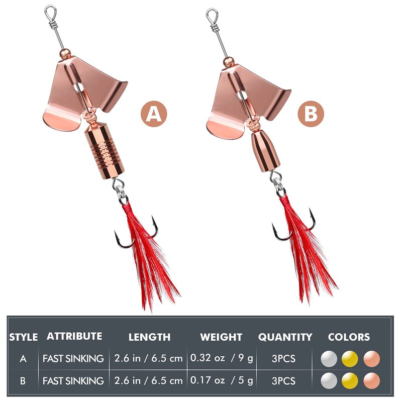 TRUSCEND Well-Made Rooster Tail Buzzbait Fishing Lures with Flash Copper Body and Blade, Spinning Spoons System Fishing Spinners for Jigging, Freshwater Crappie Jigs, Buzz Bait for Bass Trout Walleye