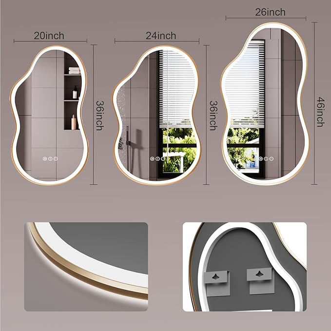 WTTY LED Irregular Bathroom Mirror 20x36 Inch with Front & Back Lights - Asymmetrical Design, Anti-Fog, Dimmable 3 Color Temperatures, Shatterproof Glass, Horizontal or Vertical Mount (Gold Frame)