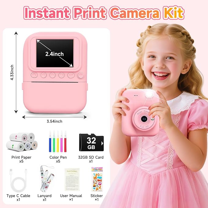Kids Camera Instant Print, 1080P Digital Instant Print Cameras