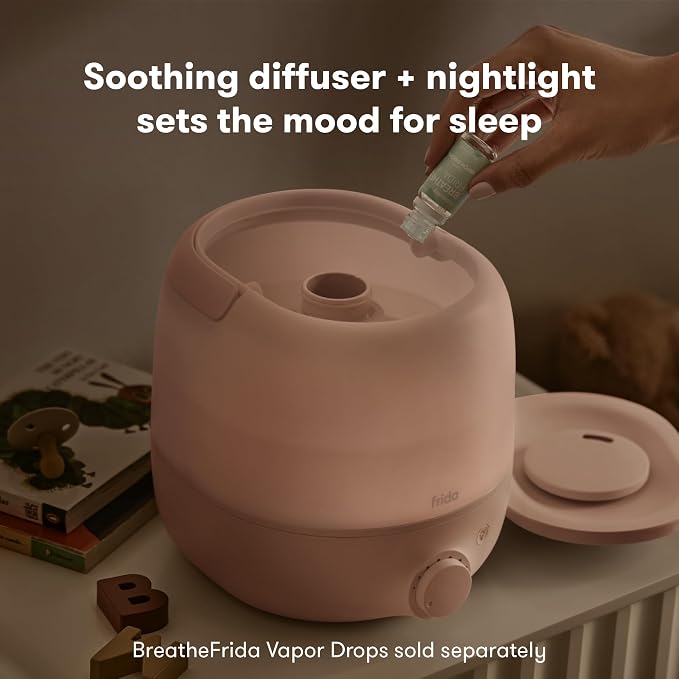 Frida Baby 3-in-1 Cool Mist Humidifier for Large Rooms, Top Fill Humidifier for Bedroom, Allergy Relief, 60 Hour Runtime + Nightlight, Auto Shut-Off, Quiet, Carry Handle, Essential Oil Diffuser