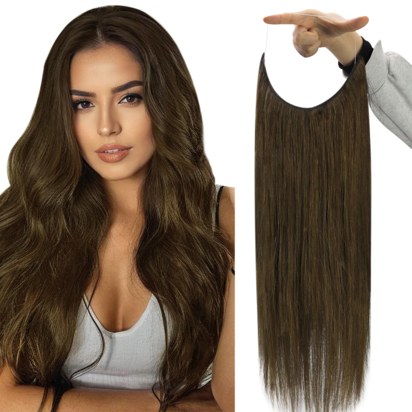 Fshine Wire Hair Extensions Olive Brown Natural Human Hair Extensions Straight Invisible Wire Hair Extensions Transparent Fishin