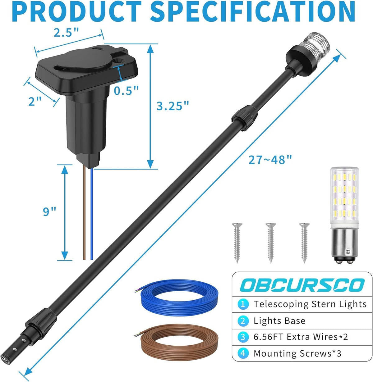 Obcursco LED Boat Stern Lights - Telescoping 27"-48" Navigation Light with 3NM Visibility | Black Base