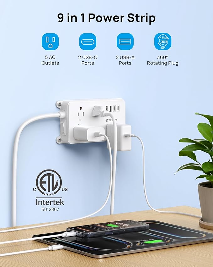 TROND 360° Rotating Power Strip, 5 Widely-Spaced Outlets with 2 USB A and 2 USB C, ETL Listed, 1300J Surge Protector, Wall Mountable, Flat Plug 5ft Extension Cord, for Home Office, Under Desk, White