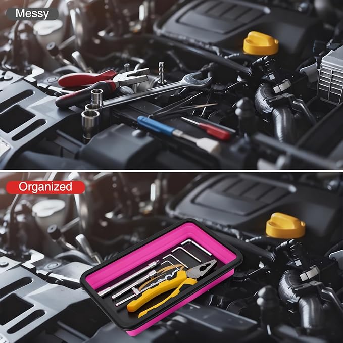 GOOACC 3 Sizes Collapsible Magnetic Parts Tray Set Pink Silicone Foldable Tool Trays Organizer for Screws Bolts Nuts Pins Washers and Other Small Metal Parts Double Sided Magnet Base