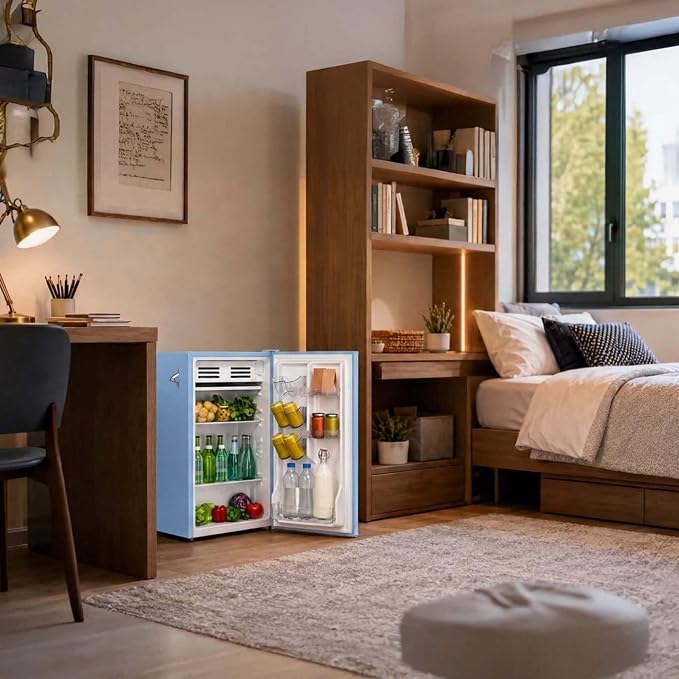 Frigidaire Retro Compact Fridge with Chiller, 3.2 cu ft Countertop Fridge with Built-In Bottle Opener, Compact Refrigerator for Office, Bedroom, Dorm Room or Cabin - 16.5" D x 19" W x 31" H (Blue)