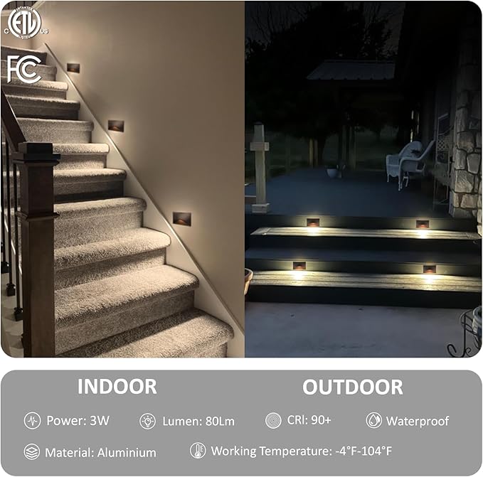 120V Stair Lights Indoor, 3W 5CCT Dimmable LED Stairway Lights Indoor Outdoor for Stairs Steps Decks, IP65 Waterproof, ETL, Aluminum, Bronze, Pack of 1