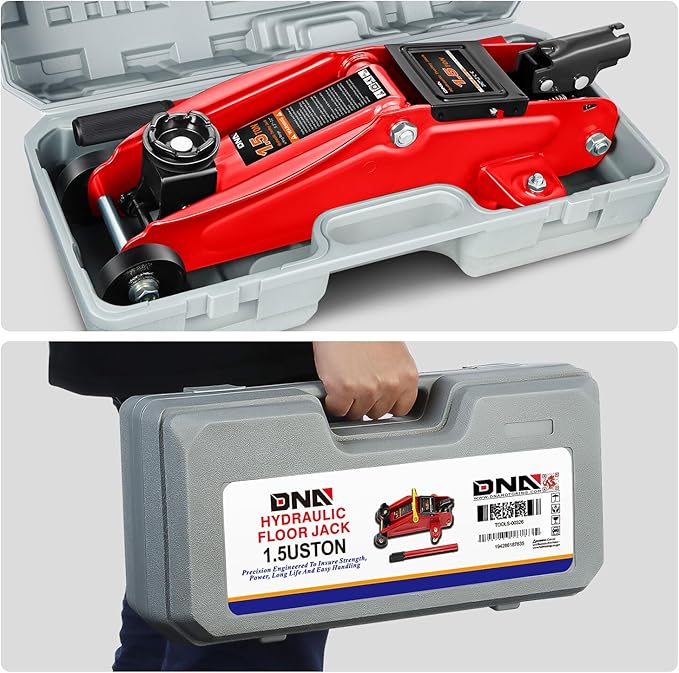 DNA Motoring 1.5 Ton Car Floor Jack Low Profile Hydraulic Trolley Service/Floor Jack, 1.5T / 3000 lbs Capacity, Lifting Range 5.3 Inch -12 Inch, with Storage Case, Red, TOOLS-00326