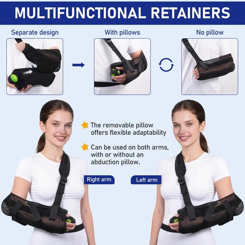 GAOUREL Comfortable arm sling Equipped with a padded sling, removable abduction pillow, training ball, and stabilization support plate to help you recover comfortably after a rotator cuff tear and arm pain.(Black-pillow)