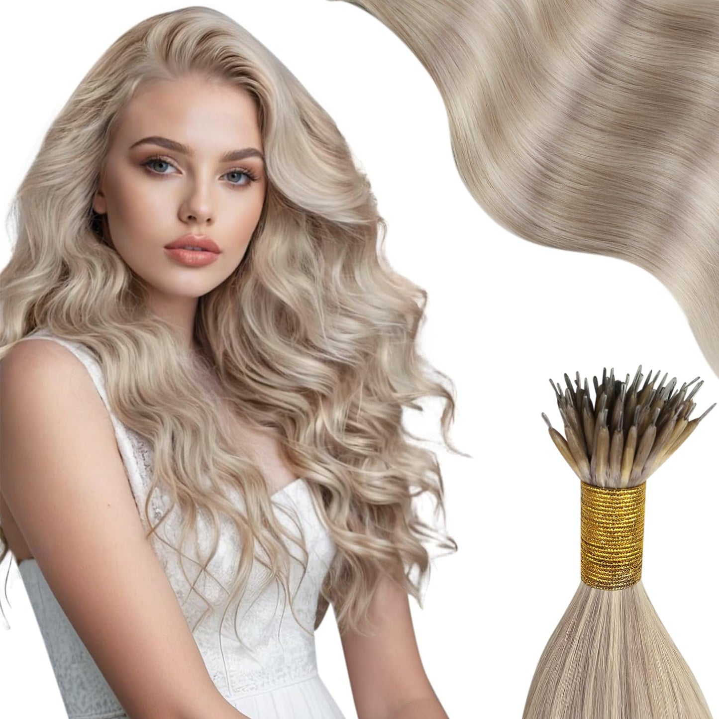 Moresoo Nano Bead Hair Extensions Human Hair Ash Blonde Bleach Blonde Highlight Nano Tip Hair Extensions Human Hair 24 Inch Long