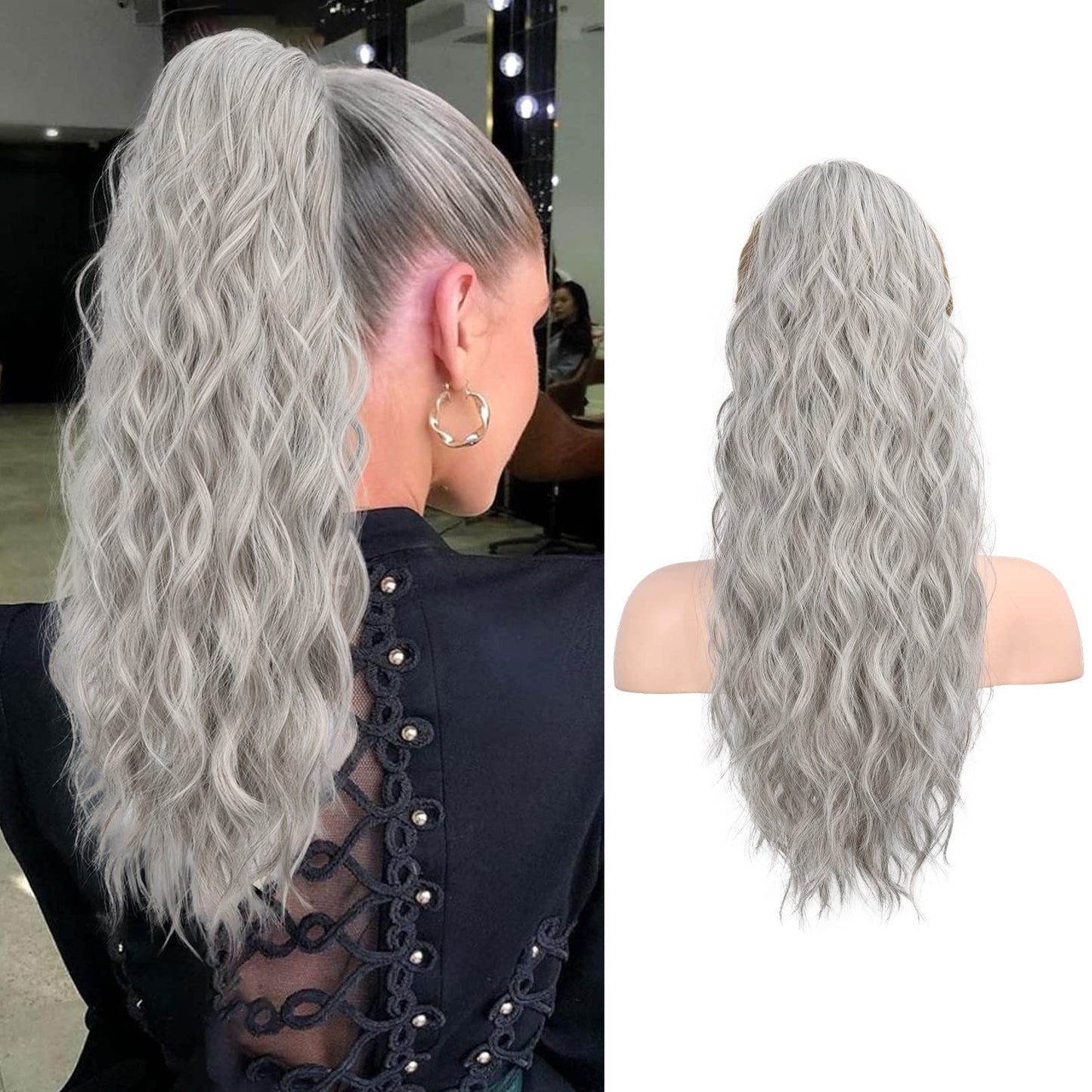 Flufymooz Ponytail Extension, 22 Inch, Curly, Grey/Silver/White Mixed, Synthetic, Heat Resistant, For Women