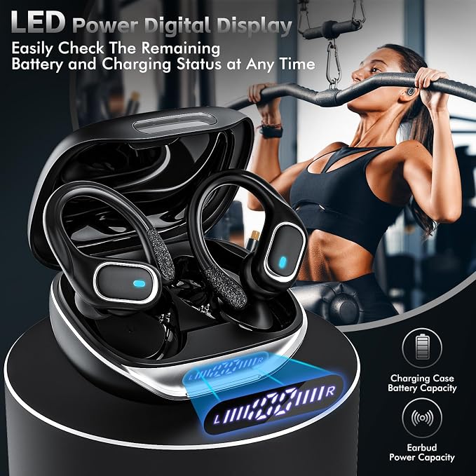 HAOYUYAN Wireless Earbuds Bluetooth 5.3 Headphones with 80H Playback, IPX7 Waterproof Over Ear Buds with LED Power Display for Sports Running Workouts Gray Black