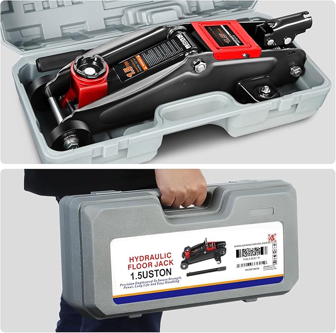 PM PERFORMOTOR Low Profile Hydraulic Trolley Service/Floor Jack, 1.5 Ton (3000 lbs) Capacity, Lifting Range 5.3"-12",Black,PM-TOL-FJ15-BK