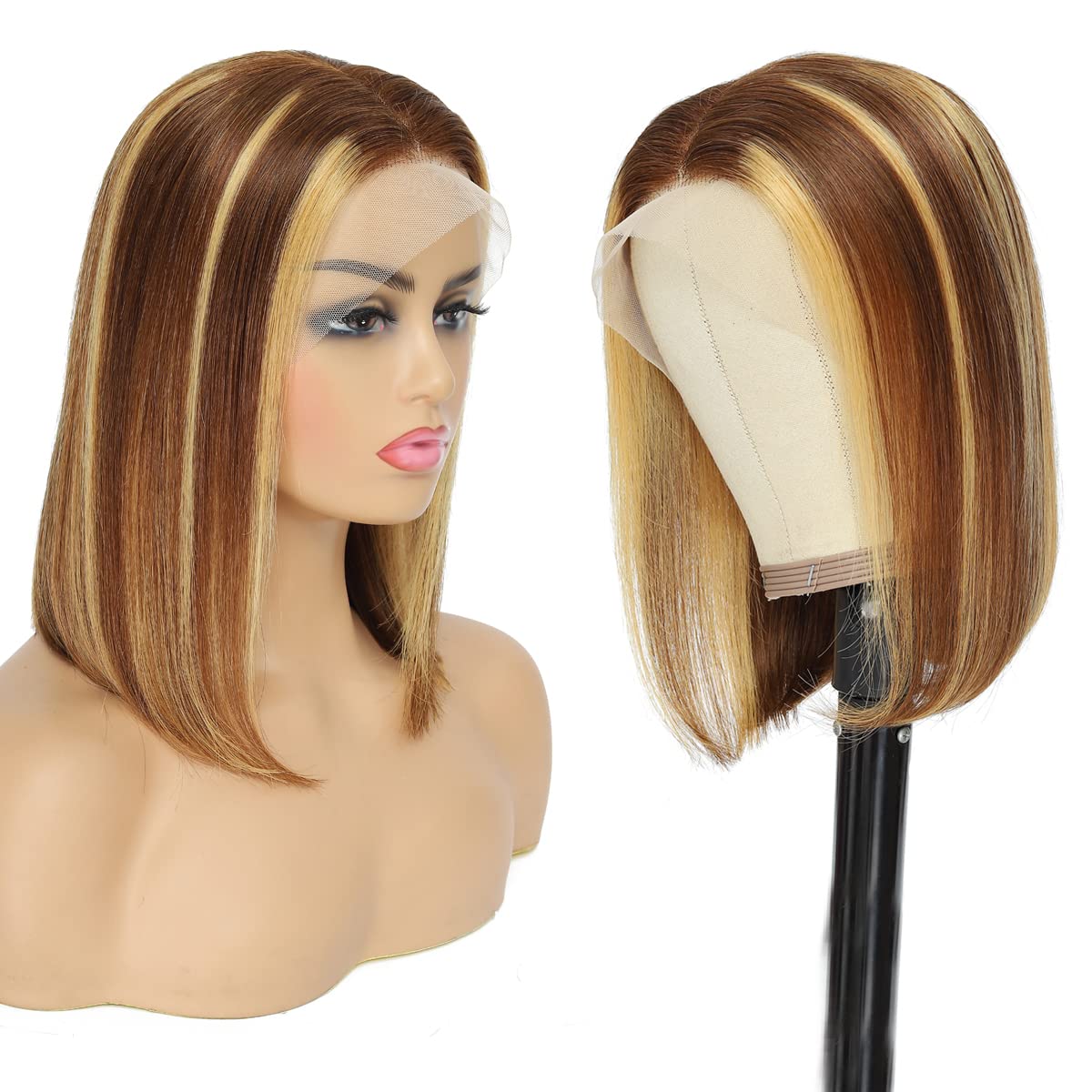 Utide 14 Inch 4/27 Highlight Ombre Bob Wig Human Hair Straight Honey Blonde Wig Human Hair 13X4 Hd Transparent Lace Frontal Wigs