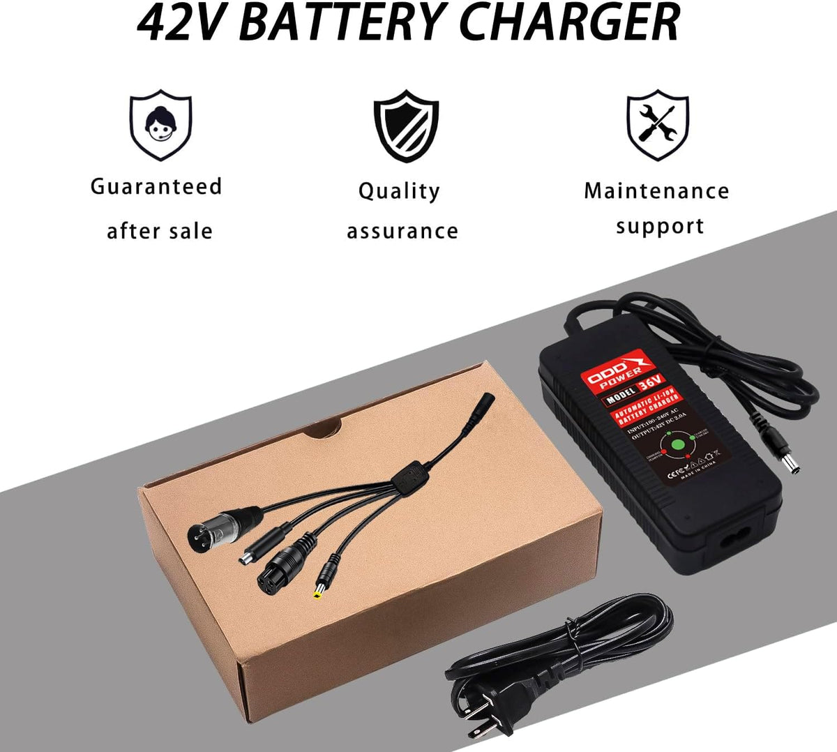QDD 42V 2A Scooter Charger - Universal 4-in-1 Plugs for 36V 10S Lithium Batteries | Female DC 5.5mm-2.1mm Port