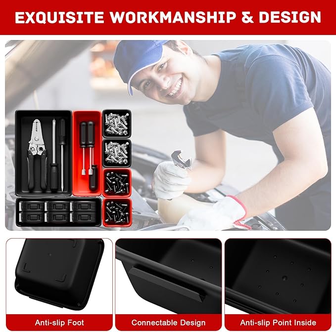 Toolbox Organizer Trays, Tool Chest Drawer Organizer with Non-Slip EVA Pads – 47pcs Red and Black Interlocking Trays for Workbench, Rolling Tool Cart, Garage