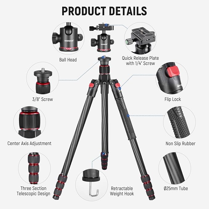 NEEWER 66"/168cm Carbon Fiber Tripod