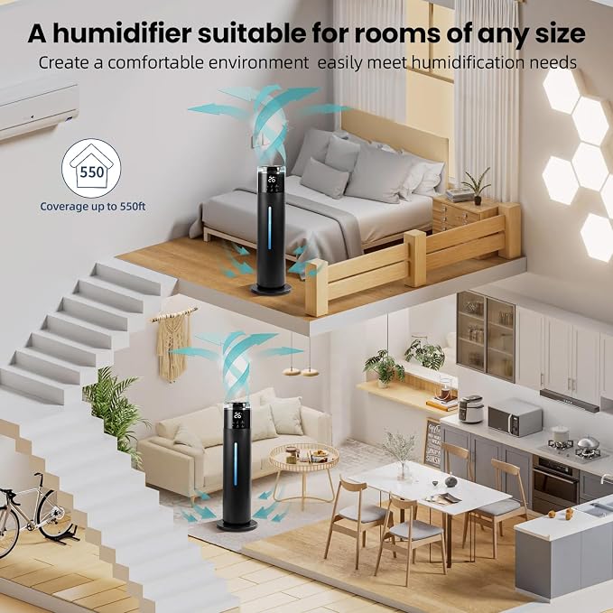 Large Humidifier for Bedroom, 8L/2.1Gal Ultrasonic Cool Mist, Remote control,Easy Clean with 350ML/H Large Mist Speed, Suitable for Kids Room Plant Yoga Study Room Office (Black)