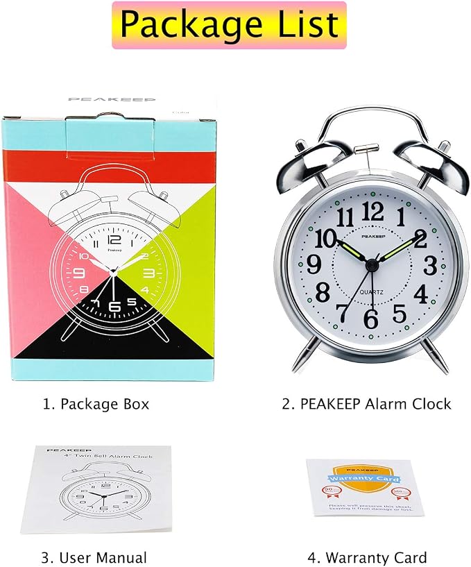 Peakeep 4 inches Twin Bell Loud Alarm Clock