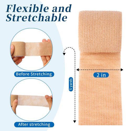 Frontline 24 Pack Self Adhesive Bandage Wrap 2" x 5 Yards Athletic Tape Vet Wrap Tattoo Supplies Wrap Medical Supplies Elastic Cohesive Bandage Wrist Ankle Sports Tape (Beige)