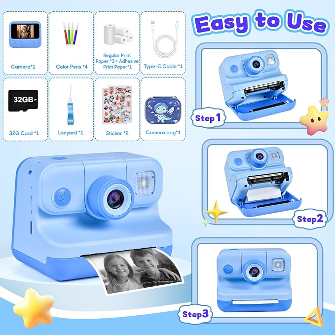 Kids Instant Print Camera, 30MP 1080P HD Digital Camera
