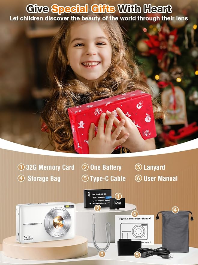 Digital Camera, FHD 1080P Kids Camera 44MP Point and Shoot Digital Cameras