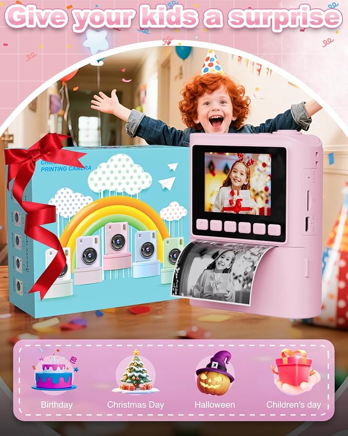 Instant Print Camera for Kids, 1080P Instant Digital Print Cameras for Toddler