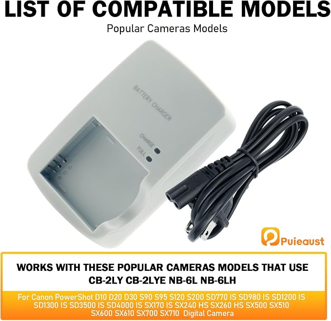 CB-2LY CB-2LYE Charger for Canon Battery NB-6L NB-6LH PowerShot D10 D20 D30 S90