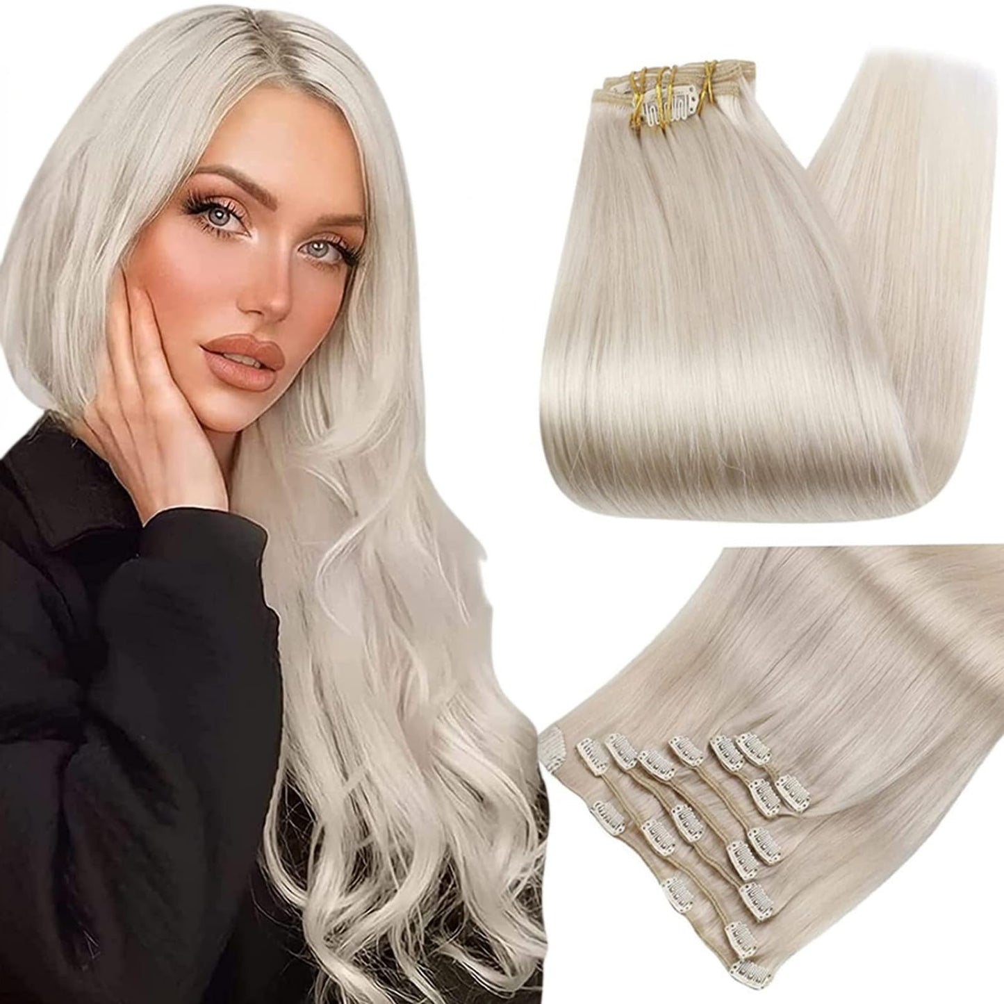 Full Shine Blonde Clip In Hair Extensions Real Human Hair White Blonde Real Hair Clip In Extensions #1000 Lightest Blonde Human