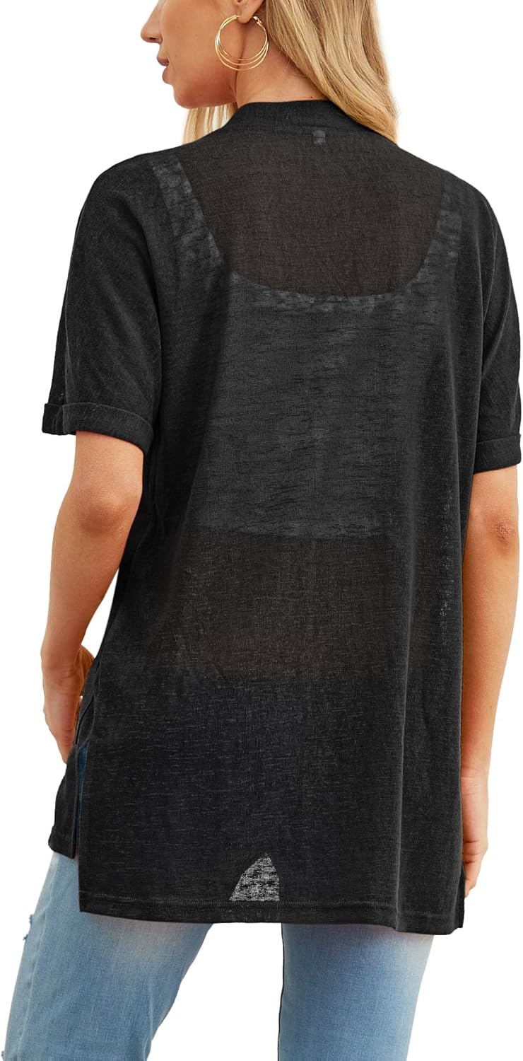PrinStory Short Sleeve Cardigan - Lightweight Sheer Knit Cover-Up with Pockets | Casual Summer Style